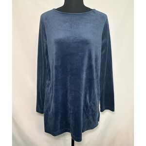 Pure Jill J. Jill Velvet Velour Blue Boat Neck Tunic Top Long Sleeve Pockets MED